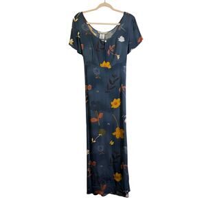 JM STUDIO Dress 10 Vintage 90's Maxi Slate Blue Vibrant Retro Floral Empire Y2K